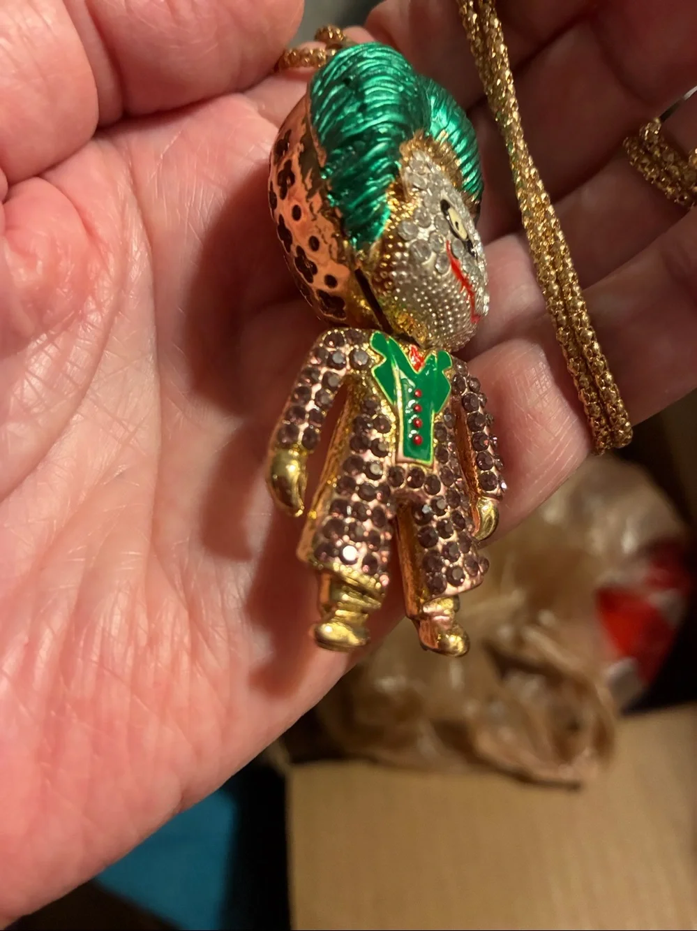 Green-Haired Joker Pendant Necklace with Rhinestones